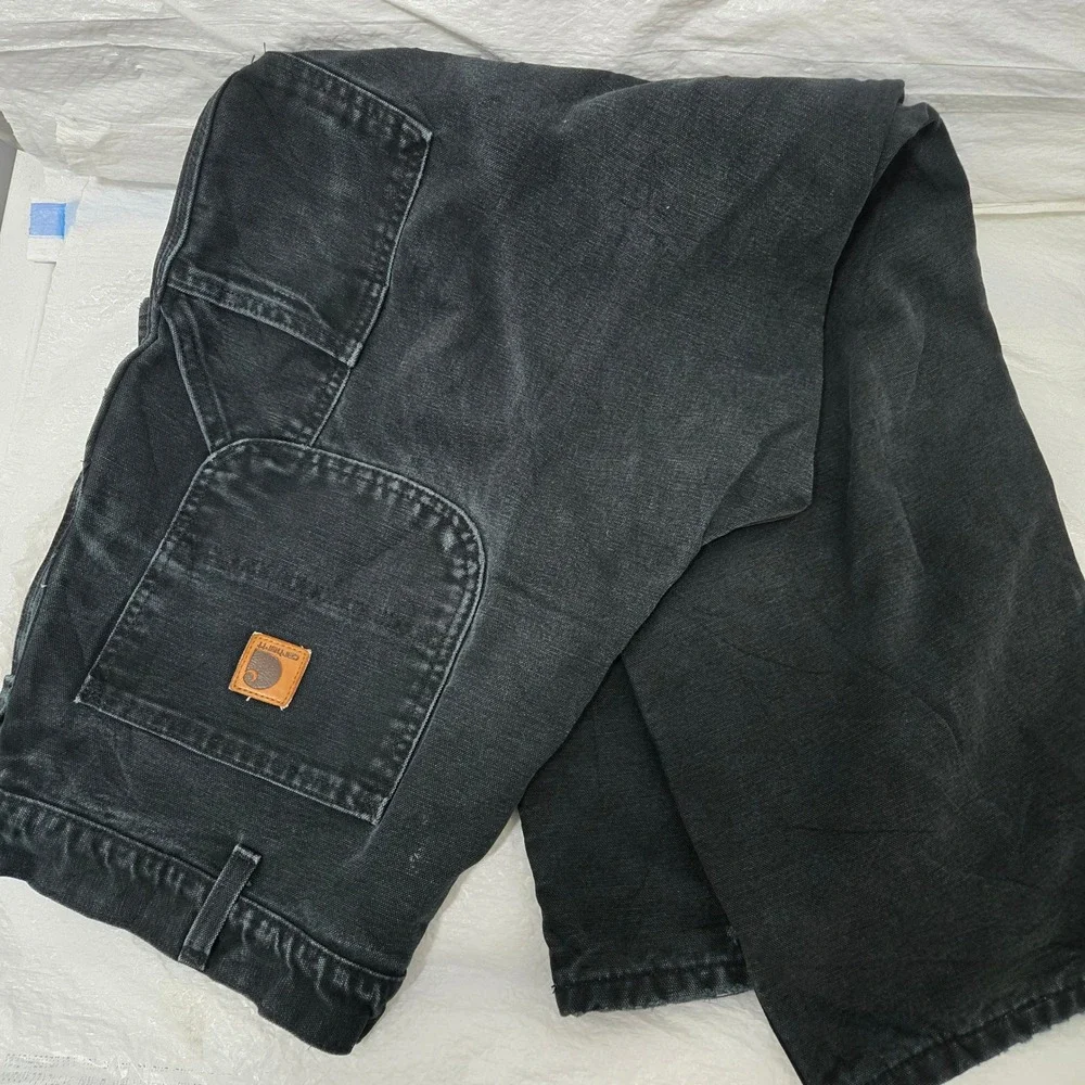 Carhartt B111 BLK Flannel Lined Duck Canvas Work Pants Washed Black 38x30 Vtg